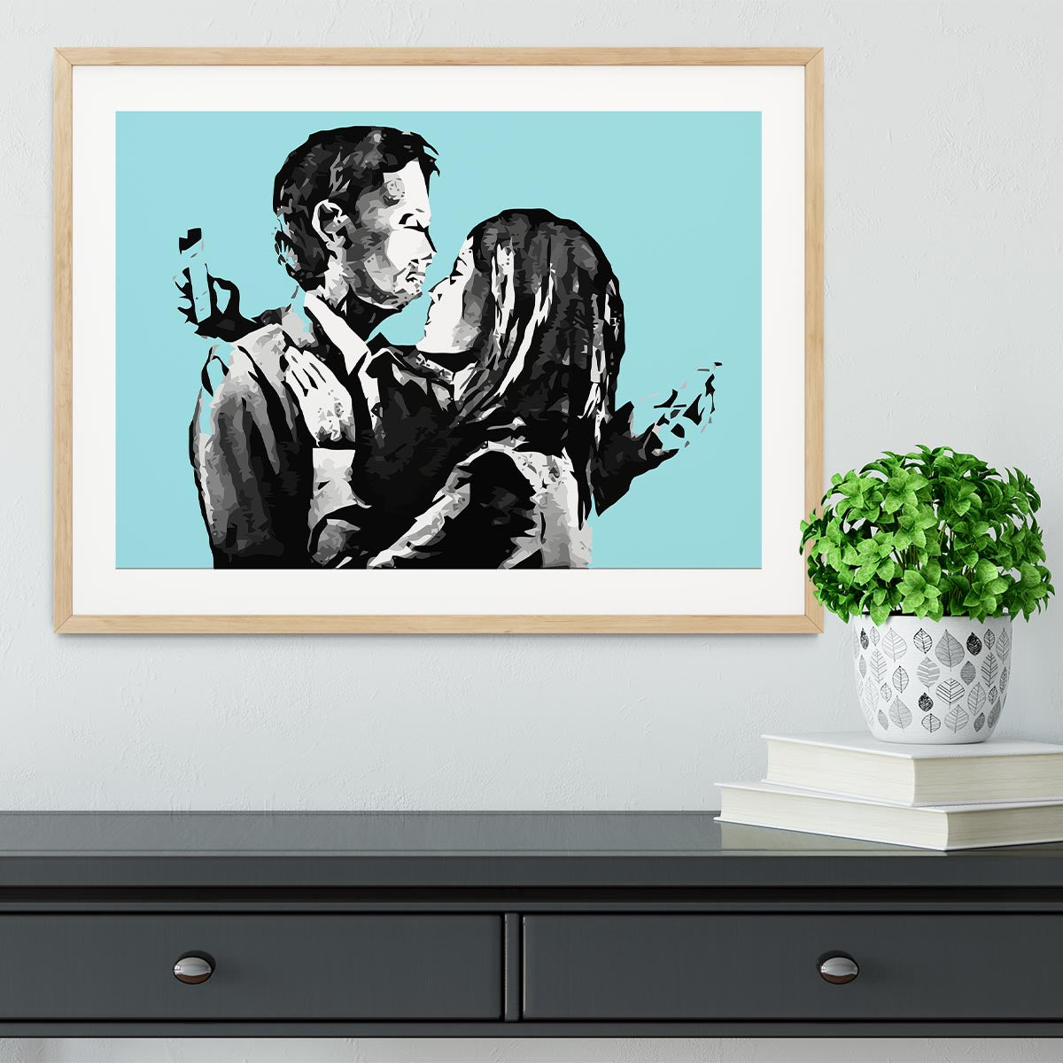 Banksy Mobile Lovers Light Blue Framed Print - Canvas Art Rocks - 3