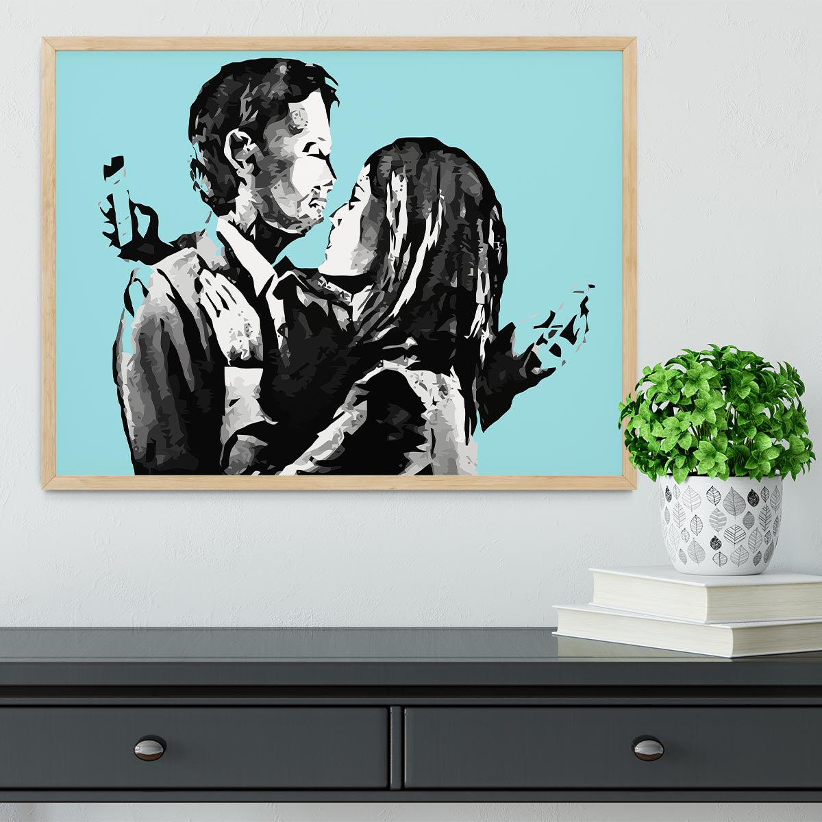 Banksy Mobile Lovers Light Blue Framed Print - Canvas Art Rocks - 4