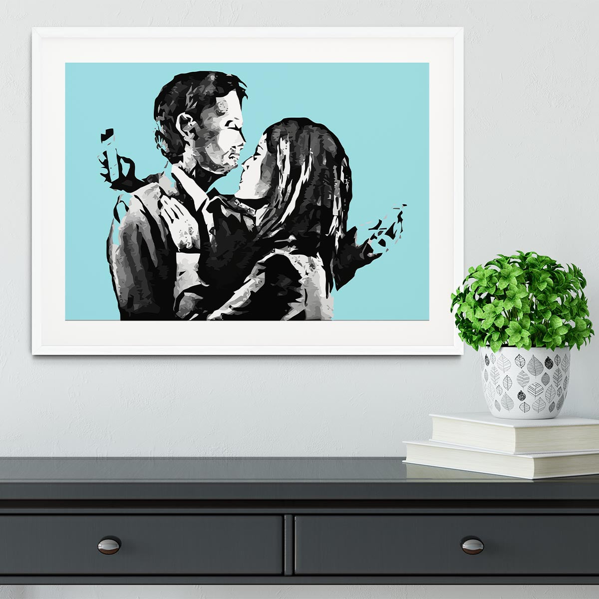 Banksy Mobile Lovers Light Blue Framed Print - Canvas Art Rocks - 5