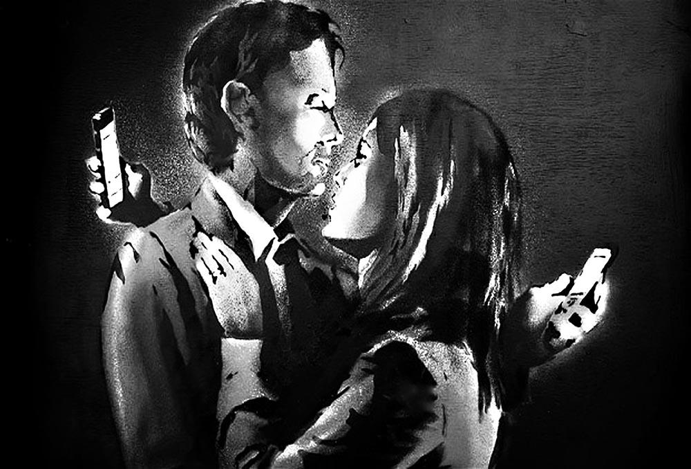 Banksy Mobile Lovers Wall Mural Wallpaper - Canvas Art Rocks - 1