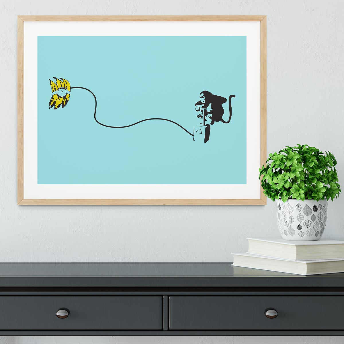 Banksy Monkey Banana Bomb LIght Blue Framed Print - Canvas Art Rocks - 3