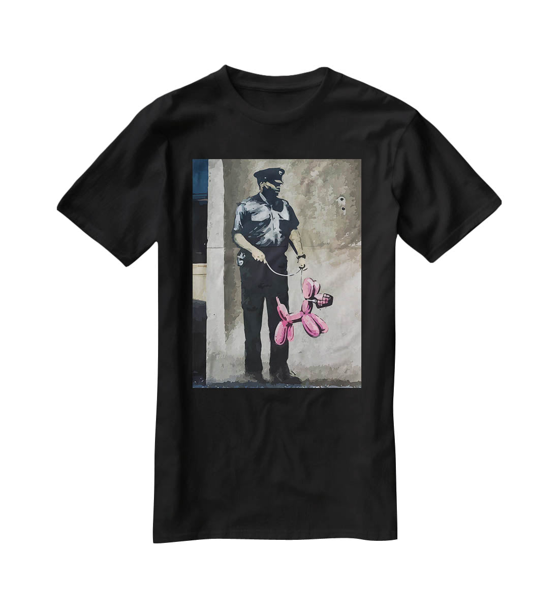 Banksy Security Guard With Pink Balloon Dog T-Shirt - Canvas Art Rocks - 1