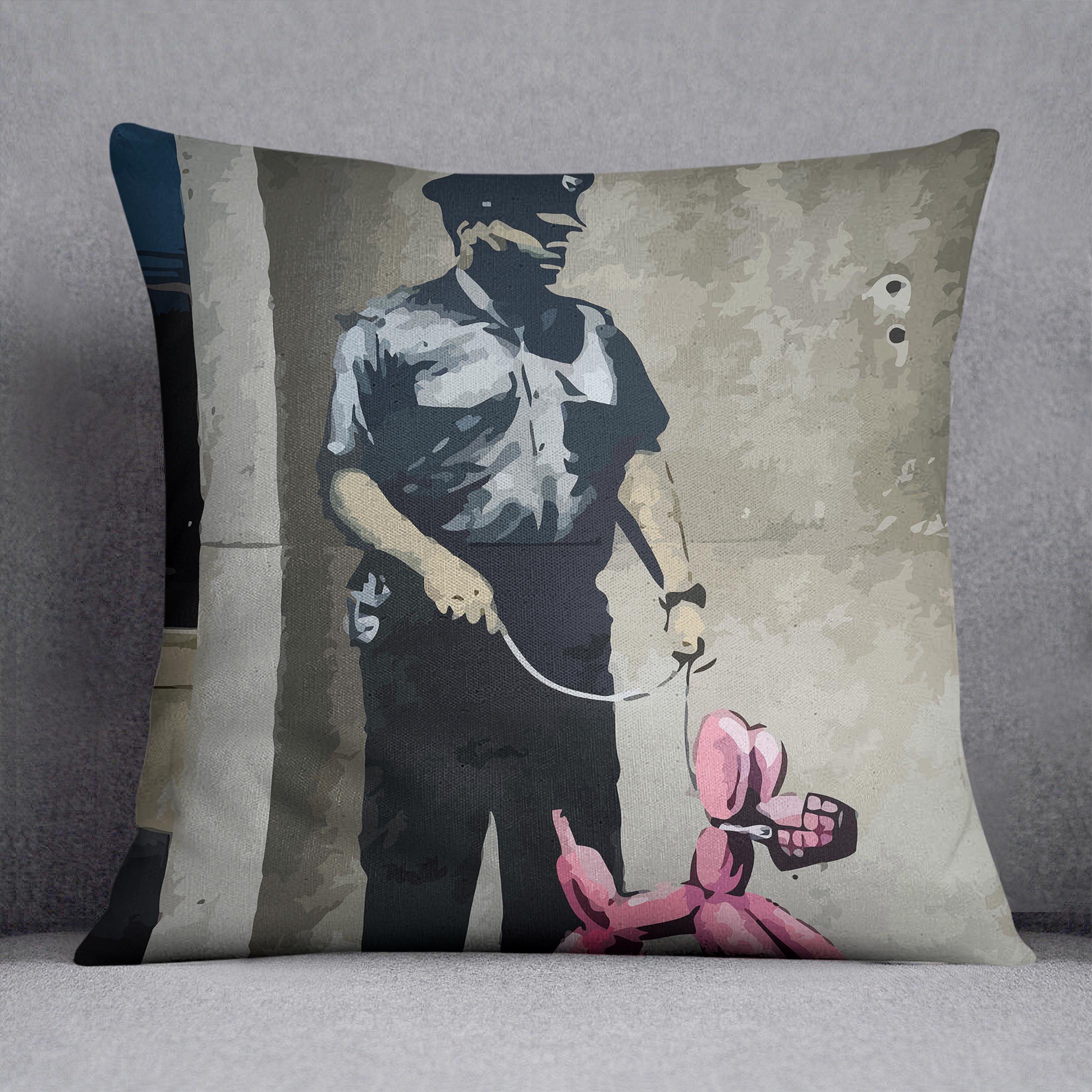 Banksy Security Guard With Pink Balloon Dog Cushion