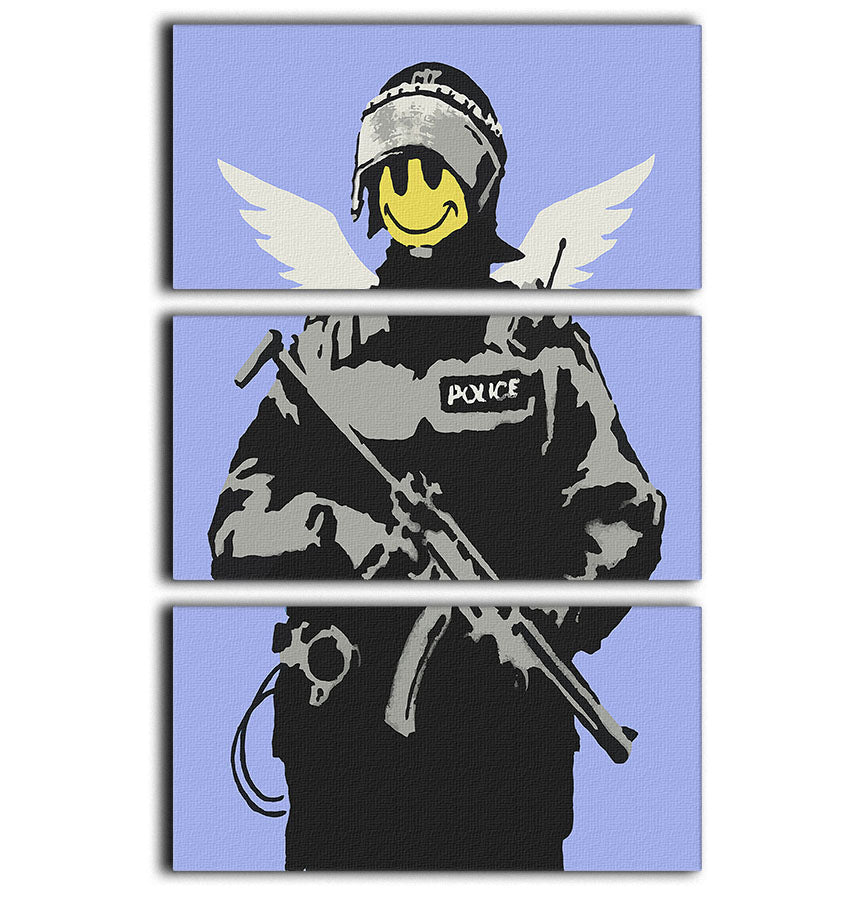 Banksy Smiley Angel Policeman Blue 3 Split Panel Canvas Print - Canvas Art Rocks - 1