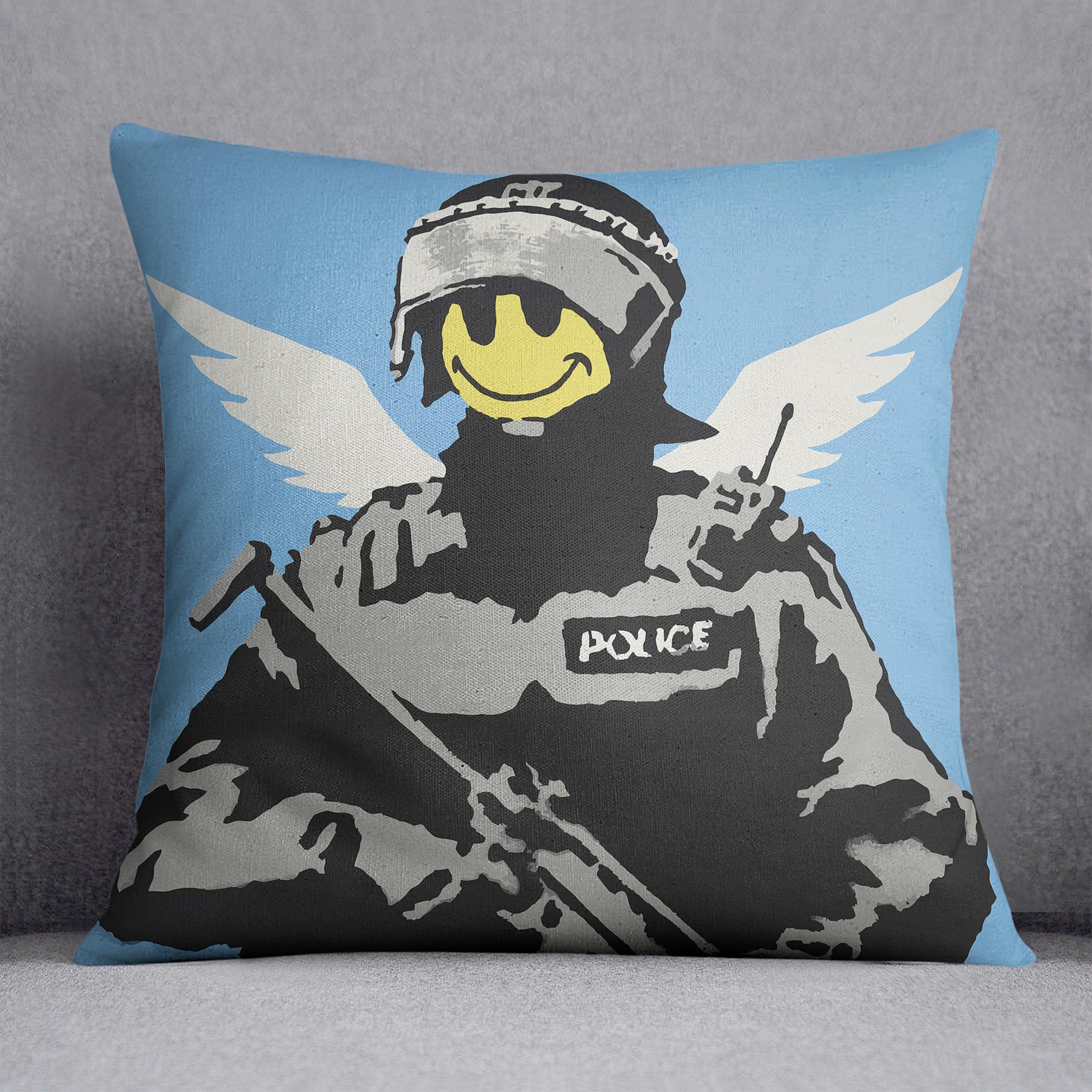 Banksy Smiley Angel Policeman Cushion