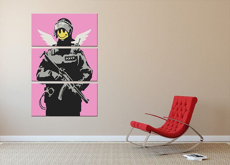 Banksy Smiley Angel Policeman Pink 3 Split Panel Canvas Print - Canvas Art Rocks - 2