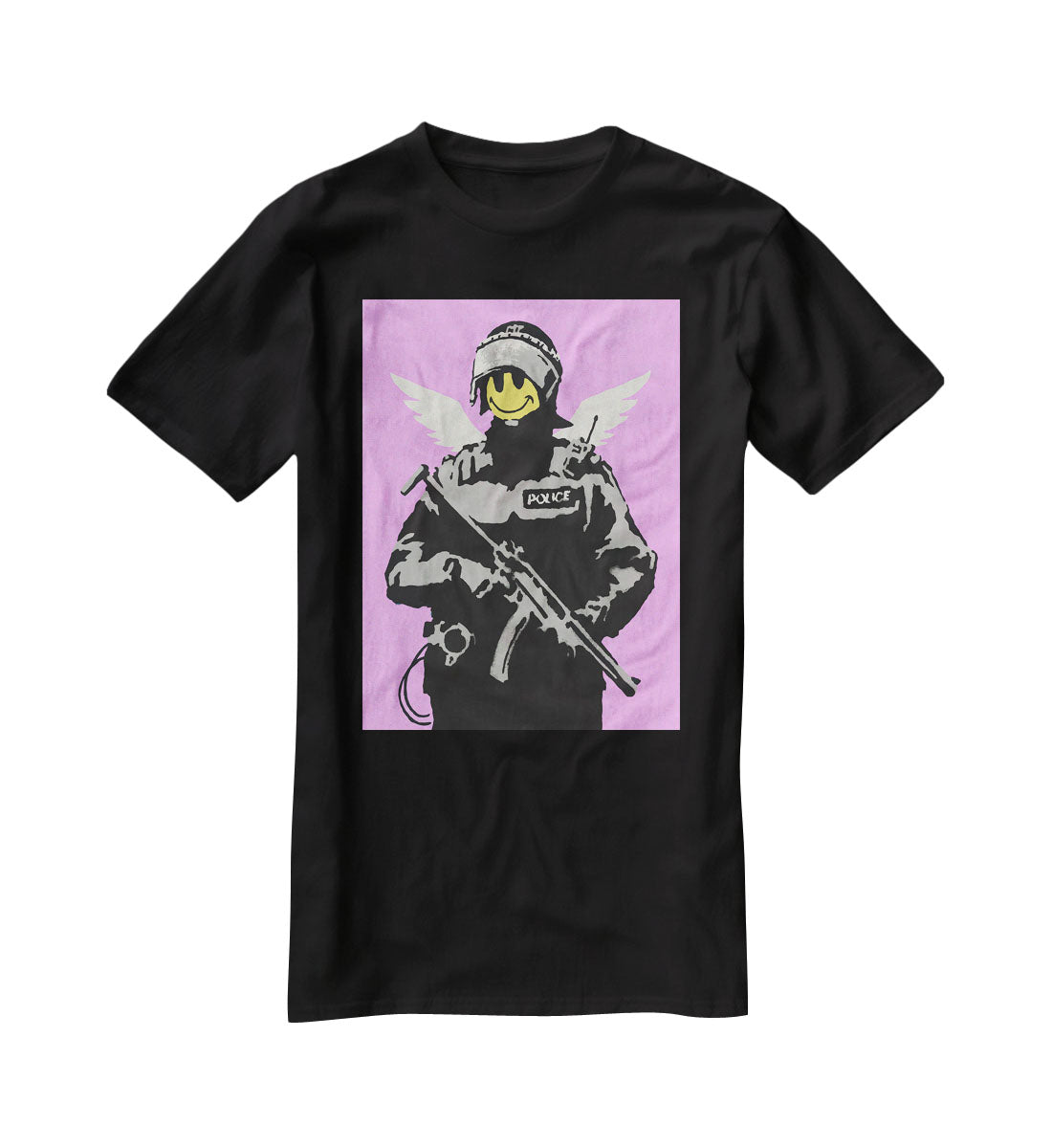 Banksy Smiley Angel Policeman Purple T-Shirt - Canvas Art Rocks - 1