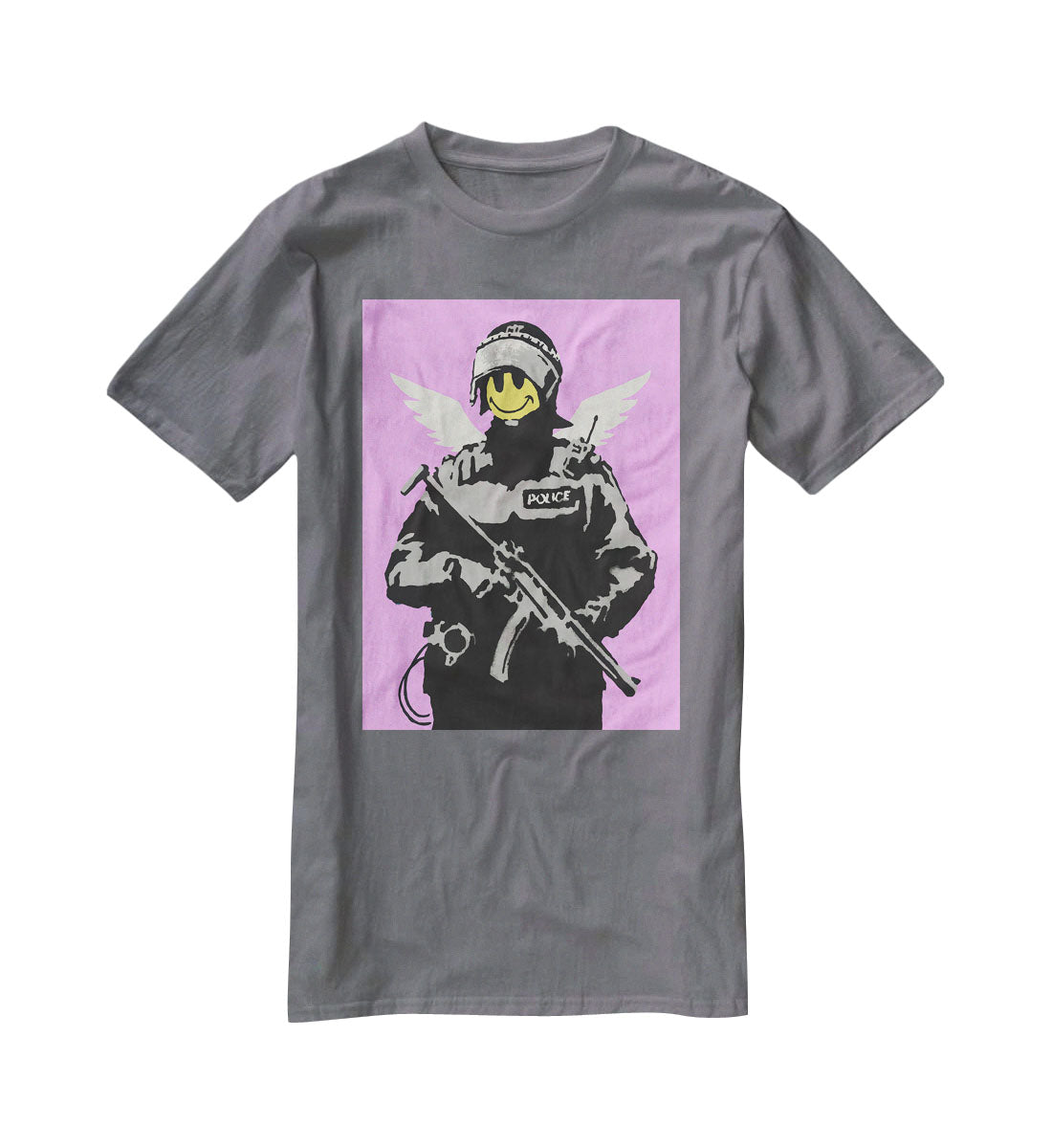 Banksy Smiley Angel Policeman Purple T-Shirt - Canvas Art Rocks - 3