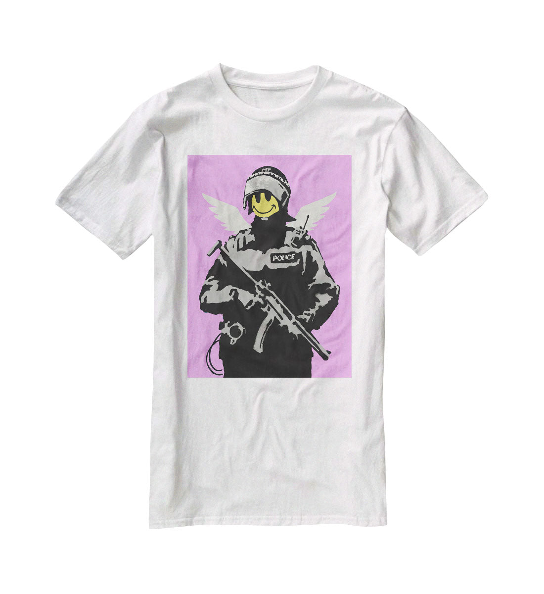 Banksy Smiley Angel Policeman Purple T-Shirt - Canvas Art Rocks - 5