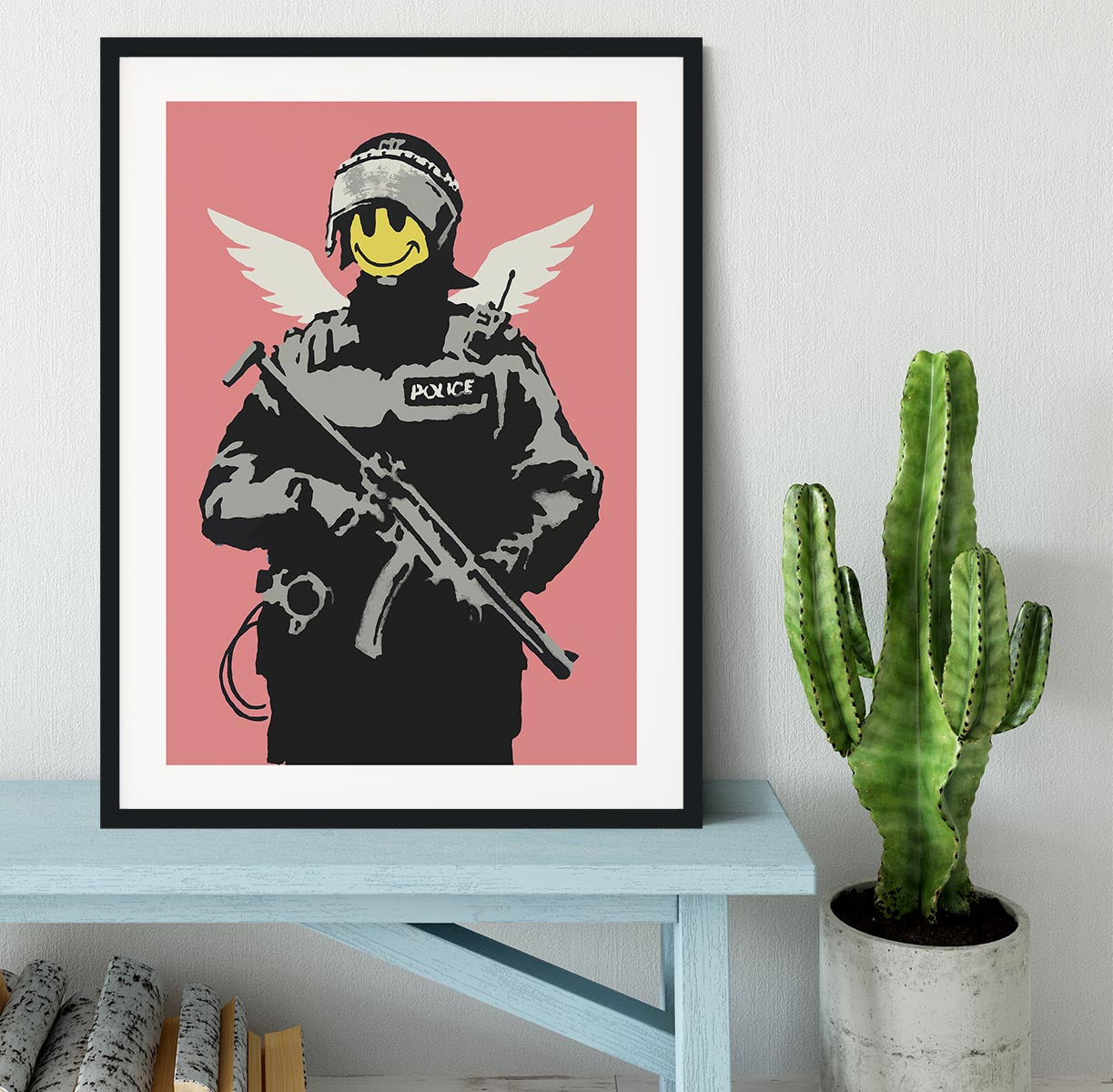 Banksy Smiley Angel Policeman Red Framed Print - Canvas Art Rocks - 1