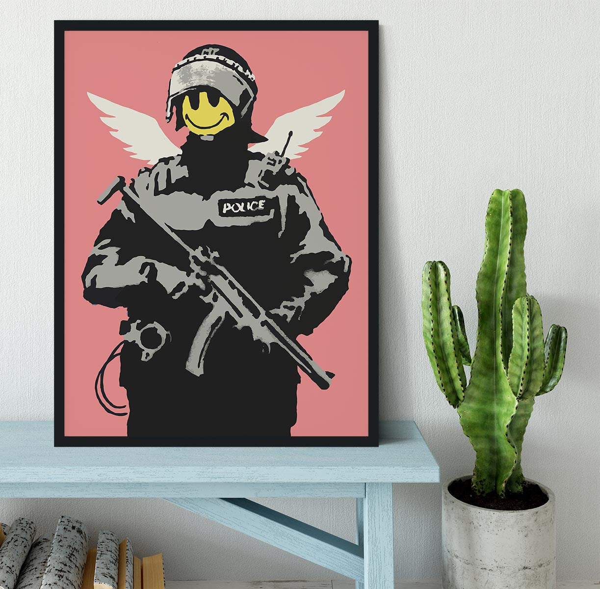 Banksy Smiley Angel Policeman Red Framed Print - Canvas Art Rocks - 2