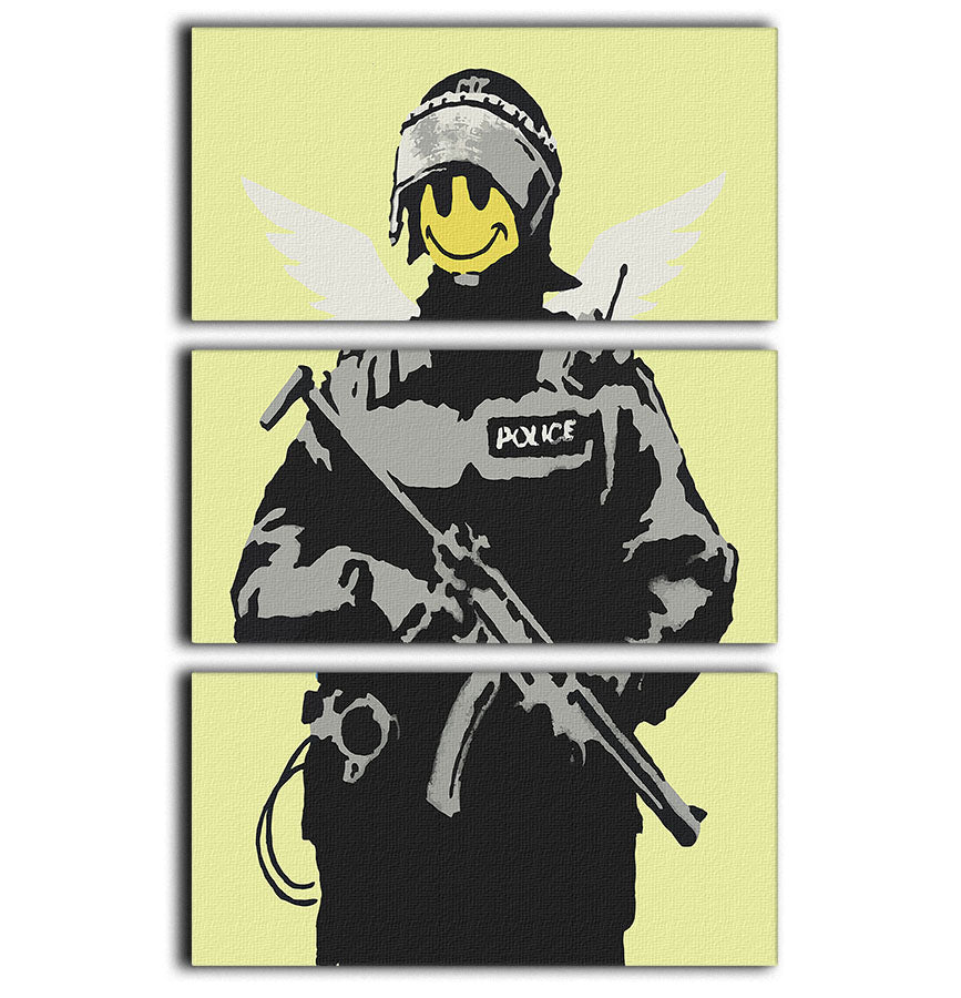 Banksy Smiley Angel Policeman Yellow 3 Split Panel Canvas Print - Canvas Art Rocks - 1