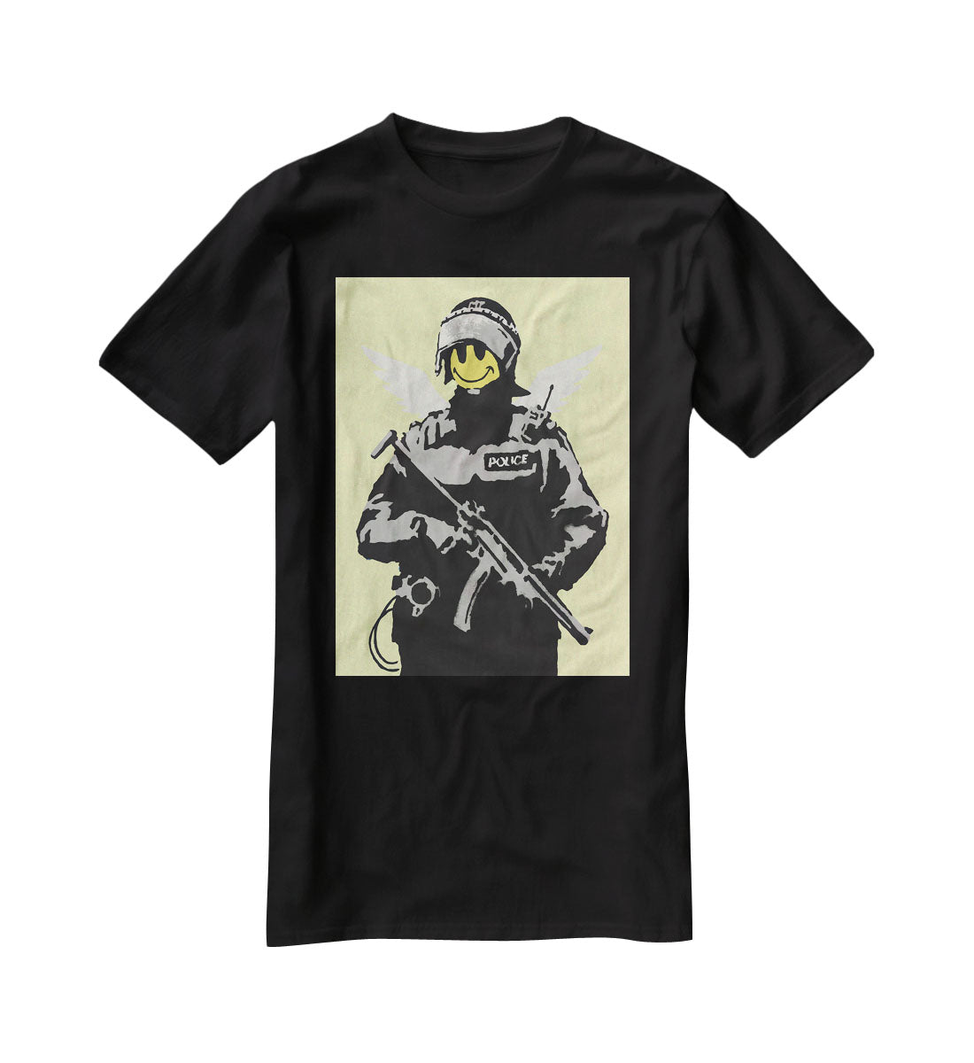 Banksy Smiley Angel Policeman Yellow T-Shirt - Canvas Art Rocks - 1