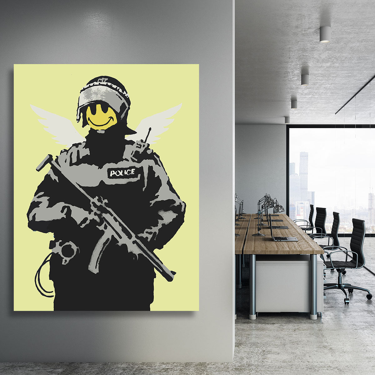 Banksy Smiley Angel Policeman Yellow Canvas Print or Poster - Canvas Art Rocks - 3