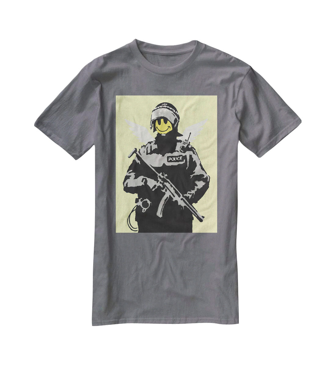 Banksy Smiley Angel Policeman Yellow T-Shirt - Canvas Art Rocks - 3