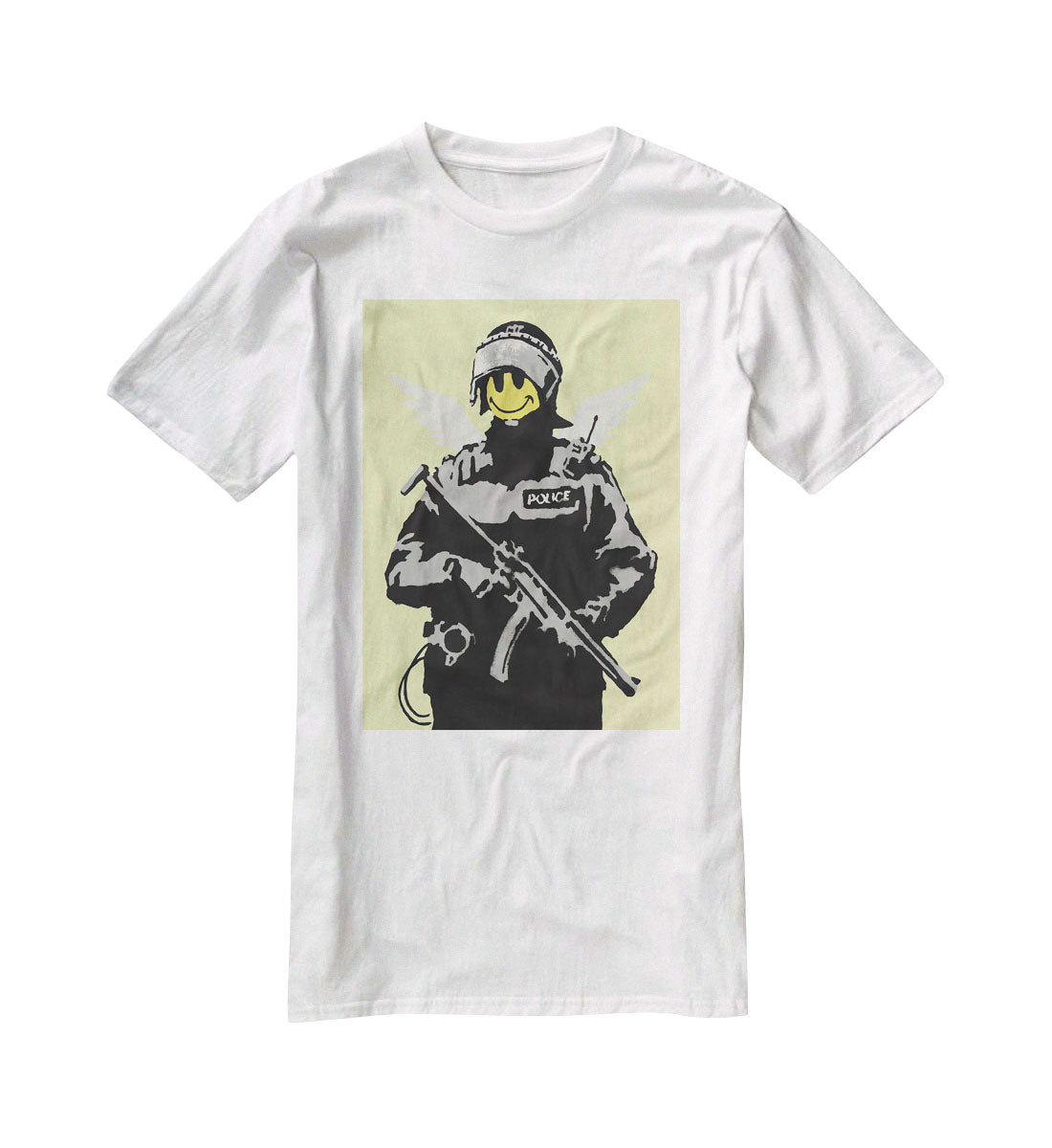 Banksy Smiley Angel Policeman Yellow T-Shirt - Canvas Art Rocks - 5