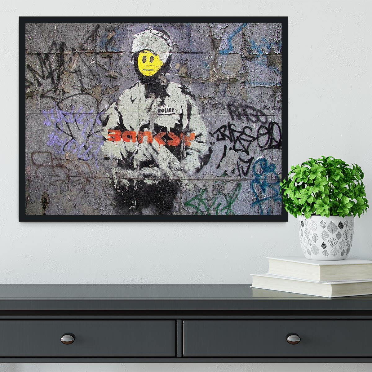 Banksy Smiley Riot Cop Framed Print | Canvas Art Rocks