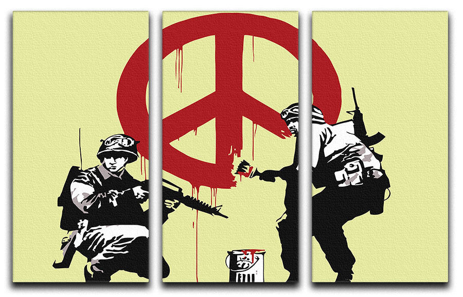 Banksy Soldiers Painting CND Sign Yellow 3 Split Panel Canvas Print - Canvas Art Rocks - 1