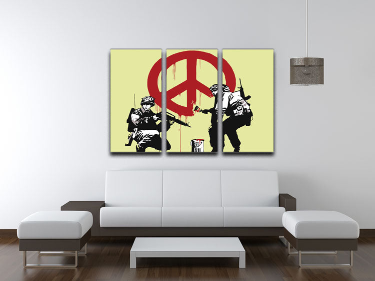 Banksy Soldiers Painting CND Sign Yellow 3 Split Panel Canvas Print - Canvas Art Rocks - 3