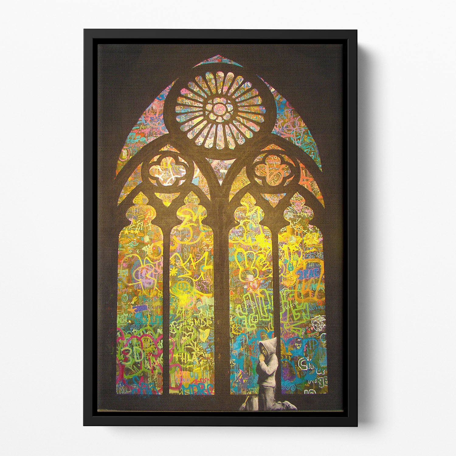 Banksy Stained Glass Window Floating Framed Canvas