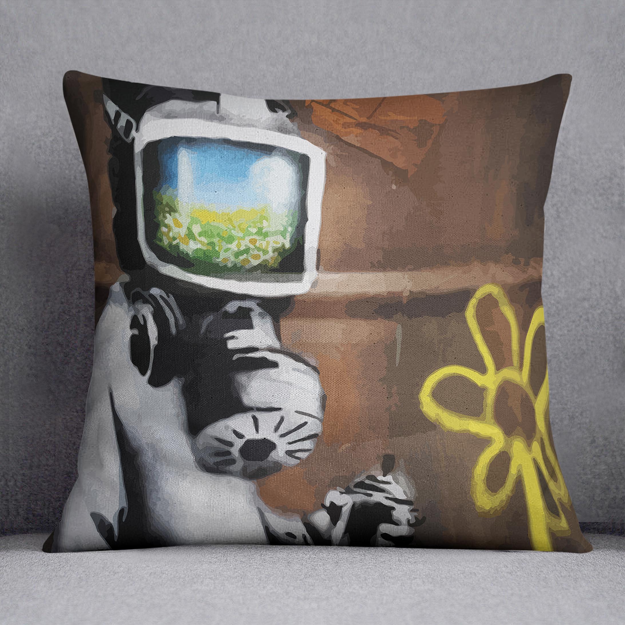 Banksy Sunflower Field Gas Mask Cushion