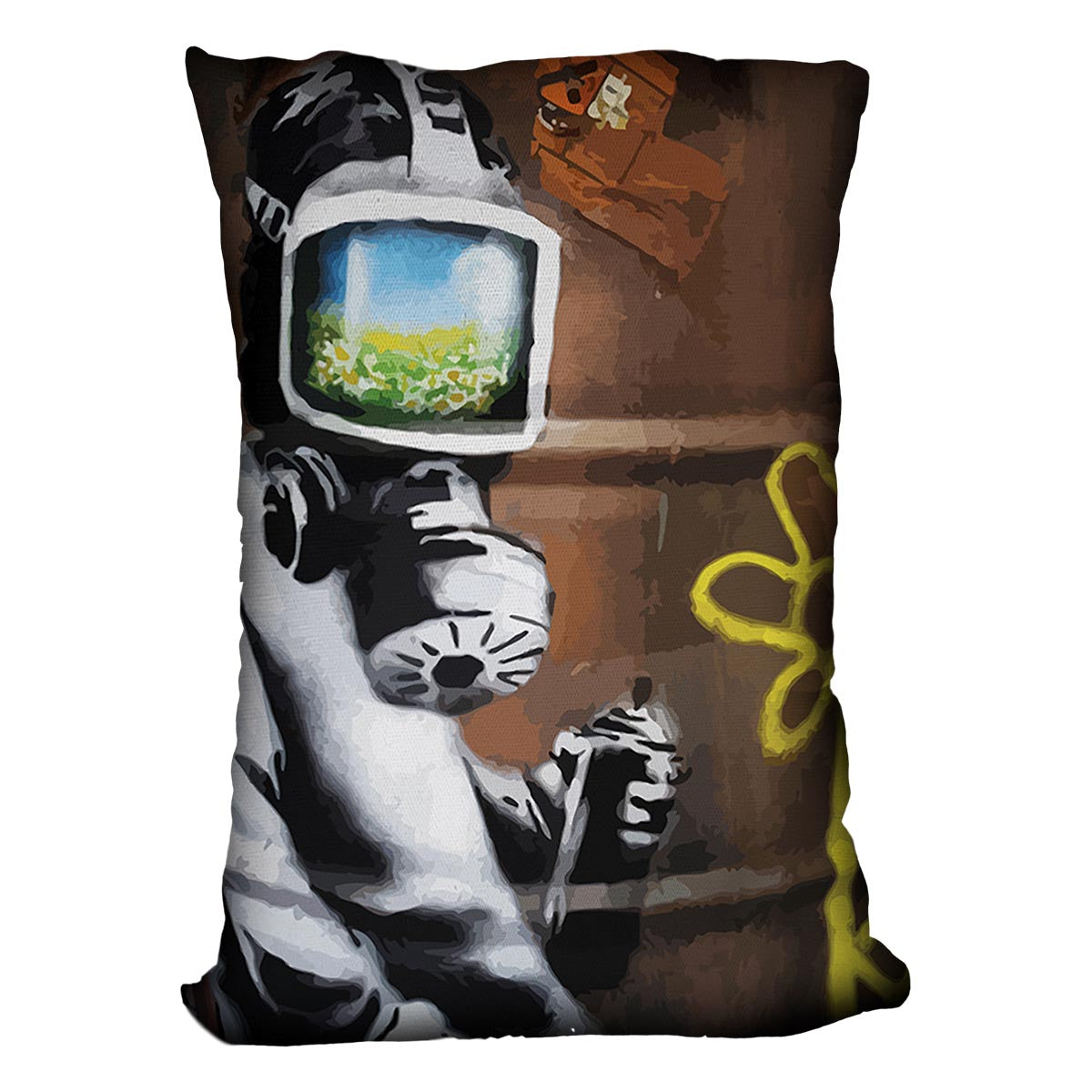 Banksy Sunflower Field Gas Mask Cushion