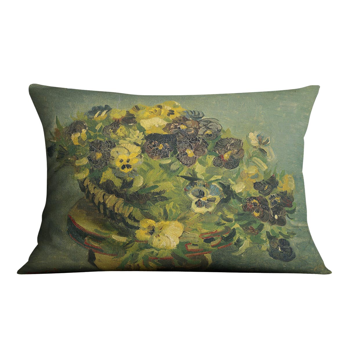 Basket of pansies on a small table by Van Gogh Cushion