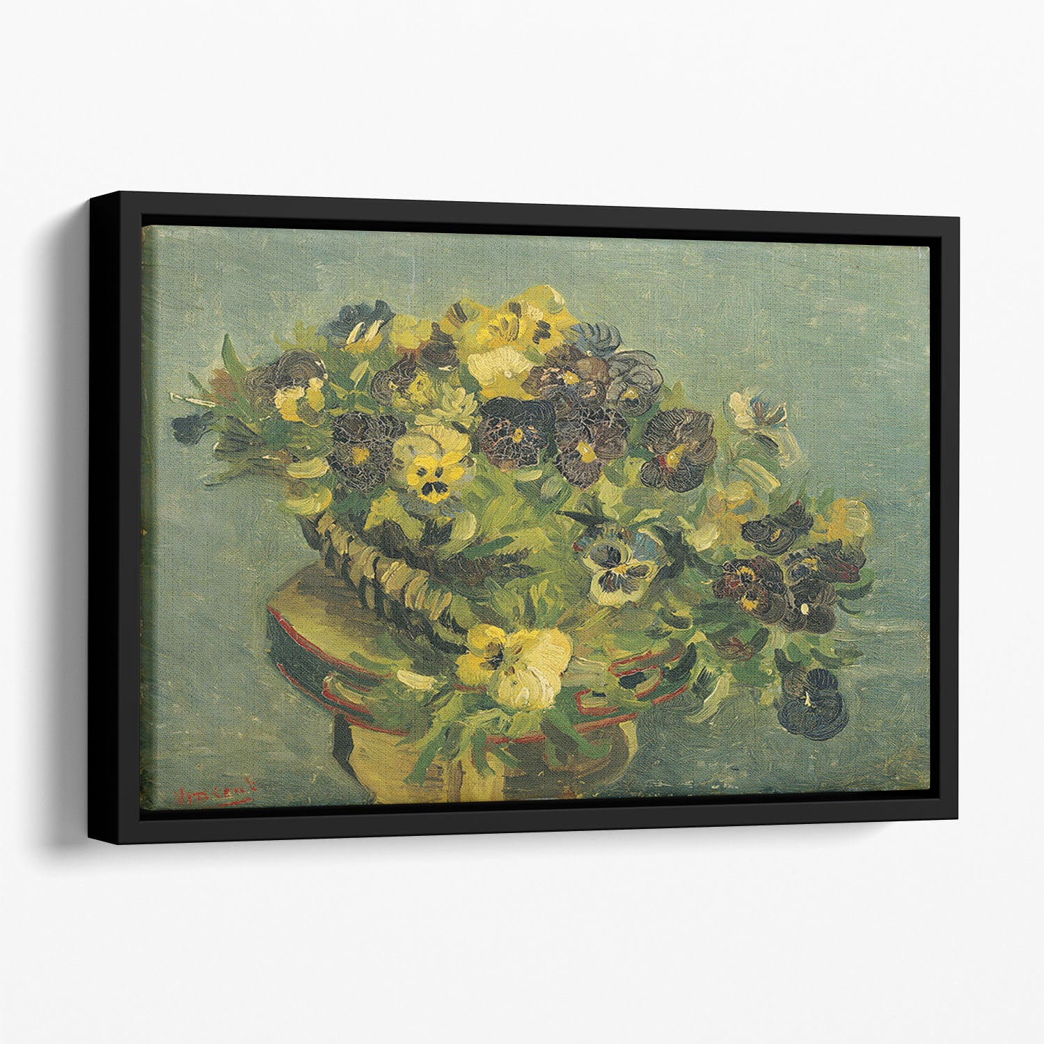 Basket of pansies on a small table by Van Gogh Floating Framed Canvas