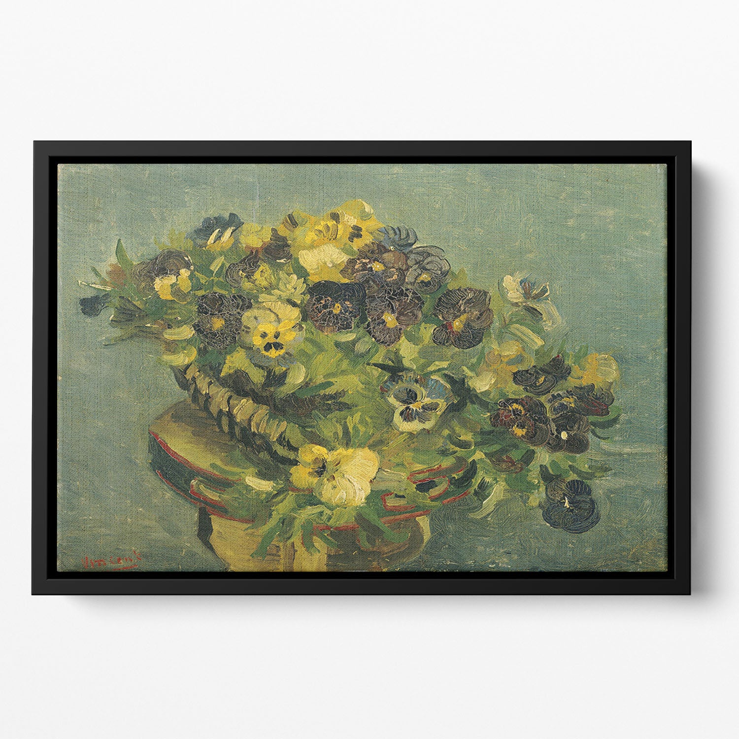 Basket of pansies on a small table by Van Gogh Floating Framed Canvas