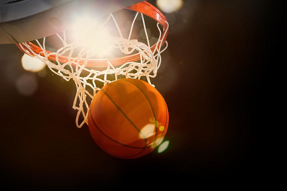 Basketball going through hoop Wall Mural Wallpaper - Canvas Art Rocks - 1
