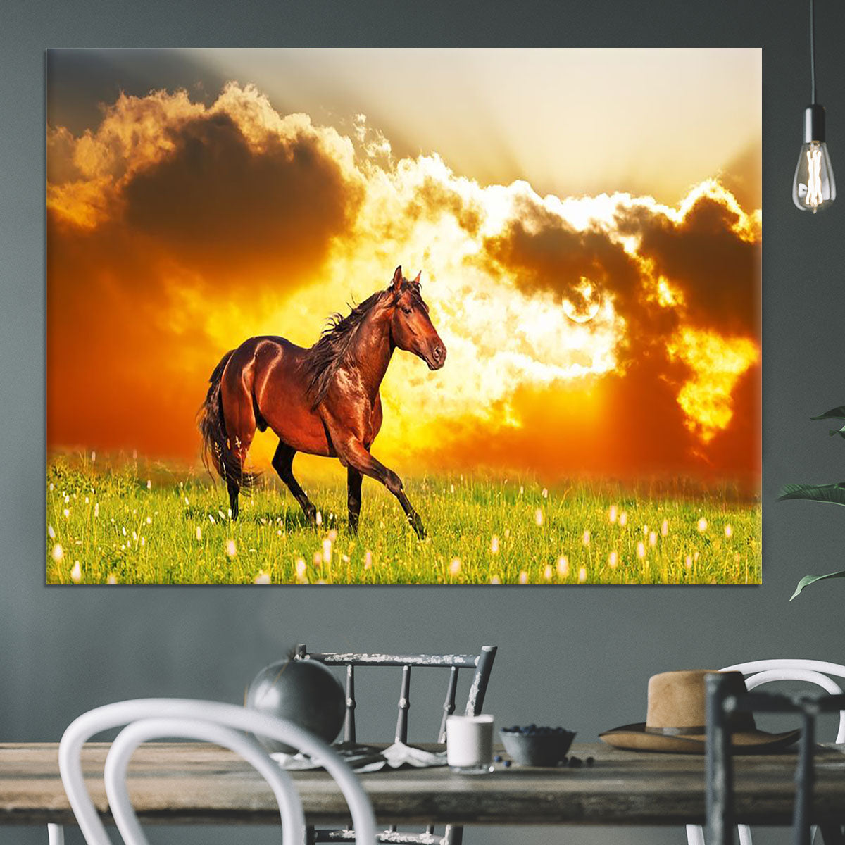 Bay horse skips on a meadow against a sunset Canvas Print or Poster - Canvas Art Rocks - 3