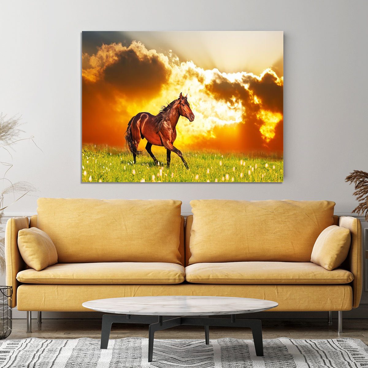 Bay horse skips on a meadow against a sunset Canvas Print or Poster - Canvas Art Rocks - 4