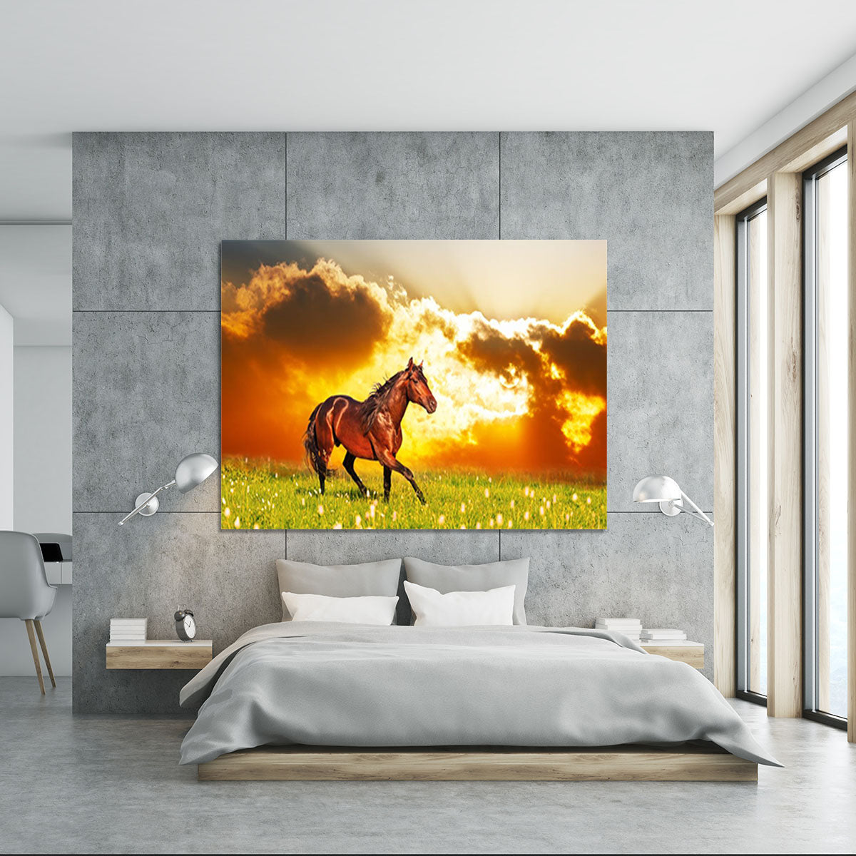 Bay horse skips on a meadow against a sunset Canvas Print or Poster - Canvas Art Rocks - 5