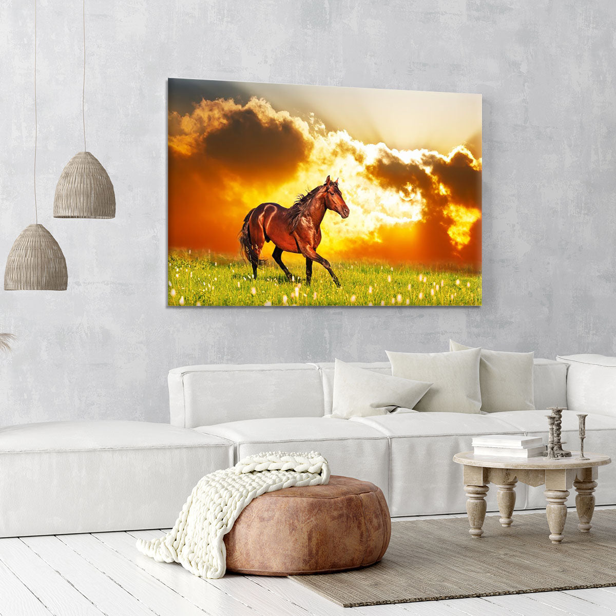 Bay horse skips on a meadow against a sunset Canvas Print or Poster - Canvas Art Rocks - 6