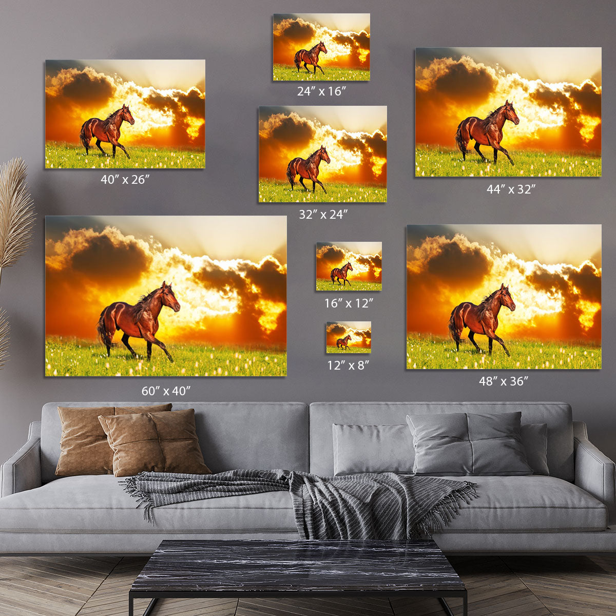 Bay horse skips on a meadow against a sunset Canvas Print or Poster - Canvas Art Rocks - 7