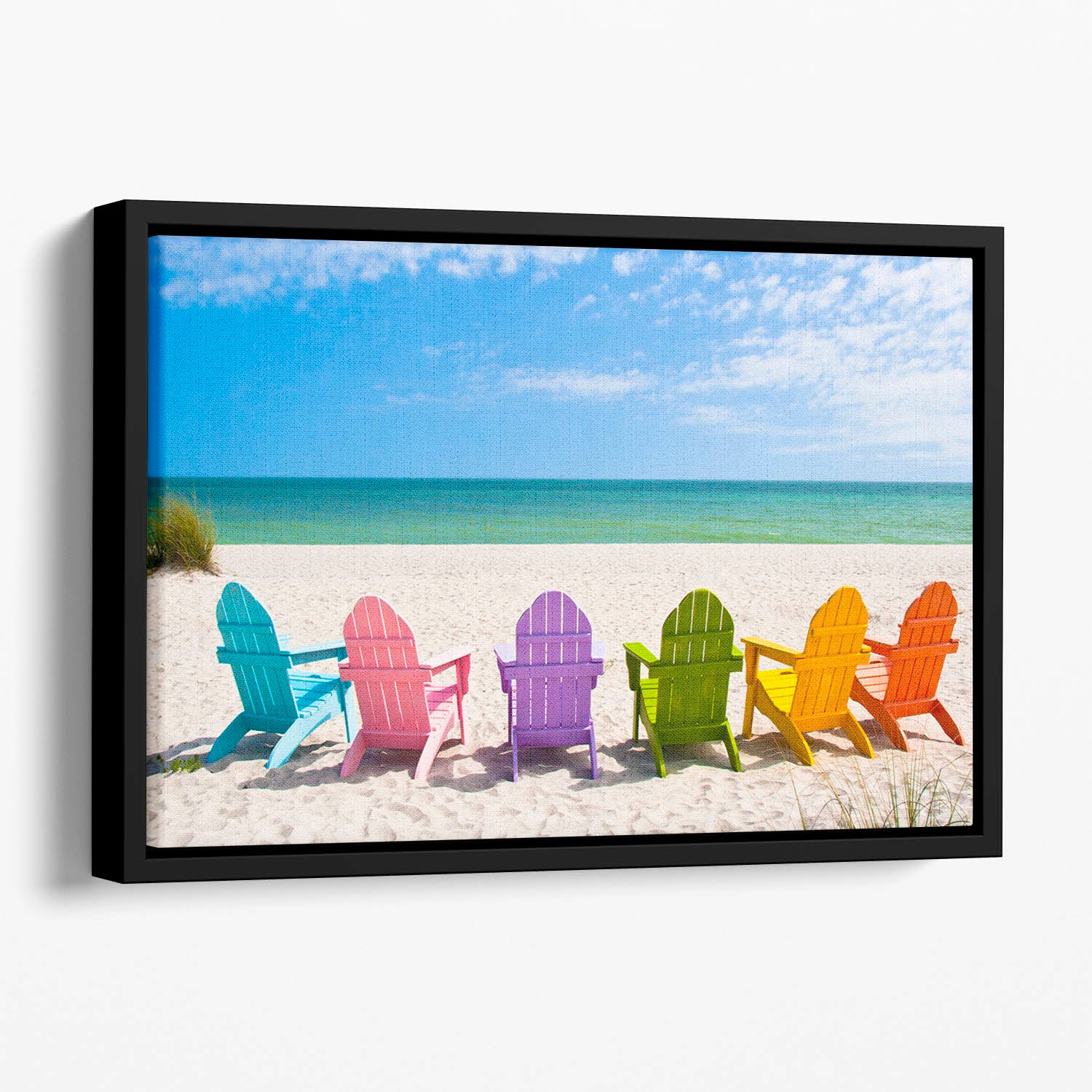 Beach Chairs on a Sun Beach Floating Framed Canvas