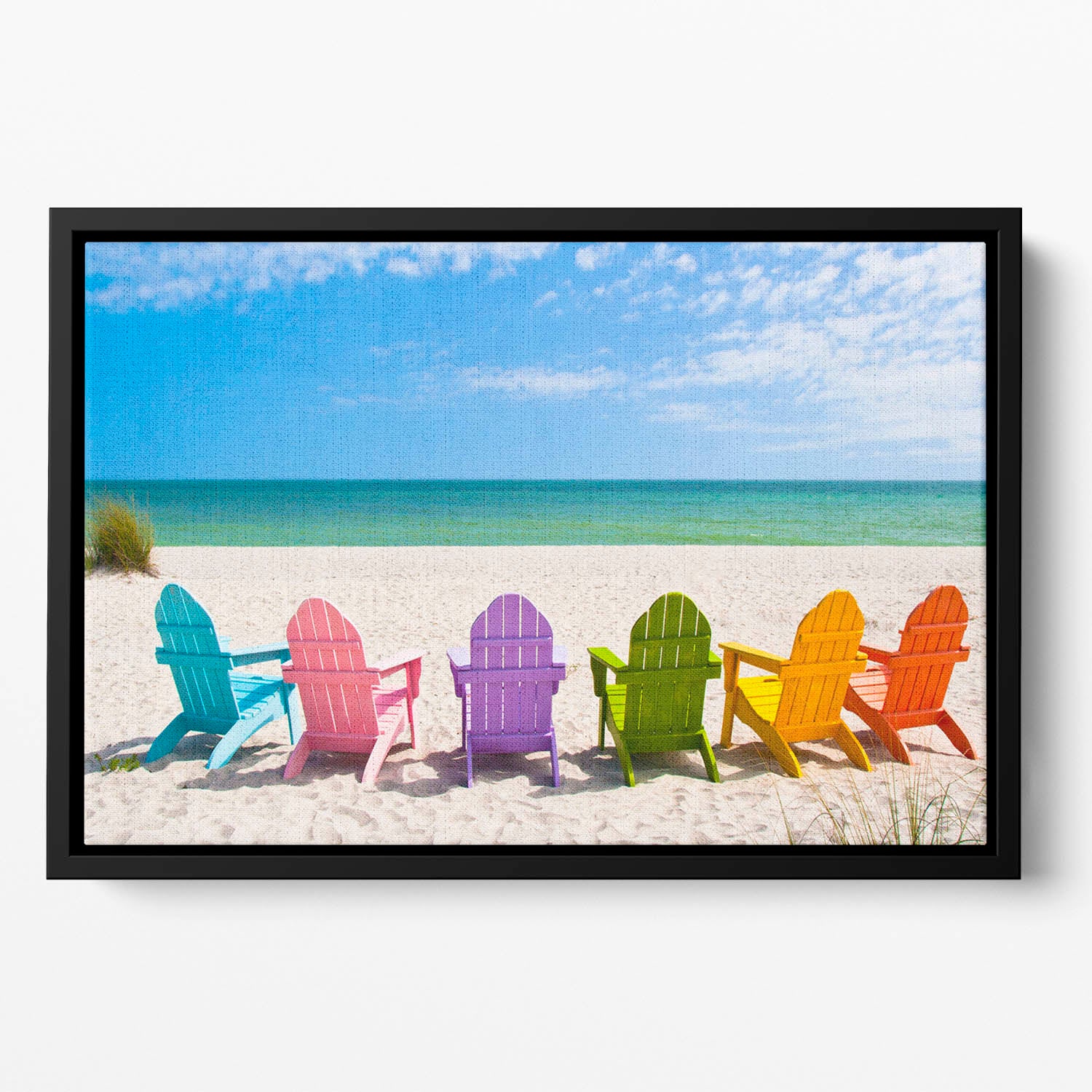 Beach Chairs on a Sun Beach Floating Framed Canvas