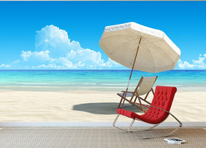 Beach chair and umbrella on idyllic tropical sand beach Wall Mural Wallpaper - Canvas Art Rocks - 2