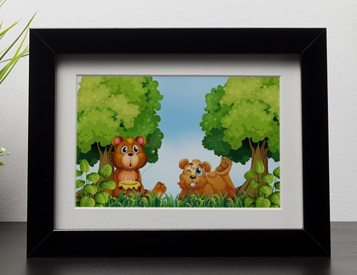 Bears and jar of honey in the forest Framed Print - Canvas Art Rocks - 1