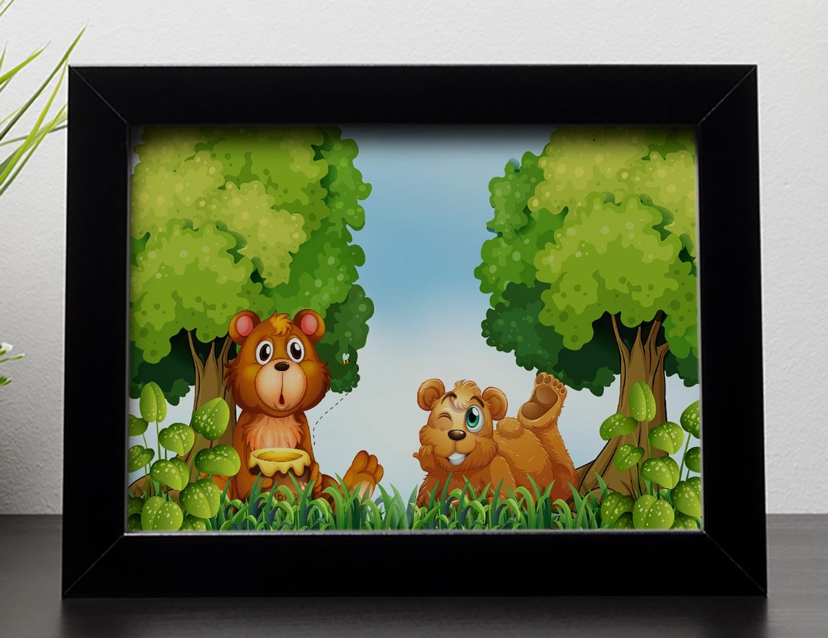 Bears and jar of honey in the forest Framed Print - Canvas Art Rocks - 2