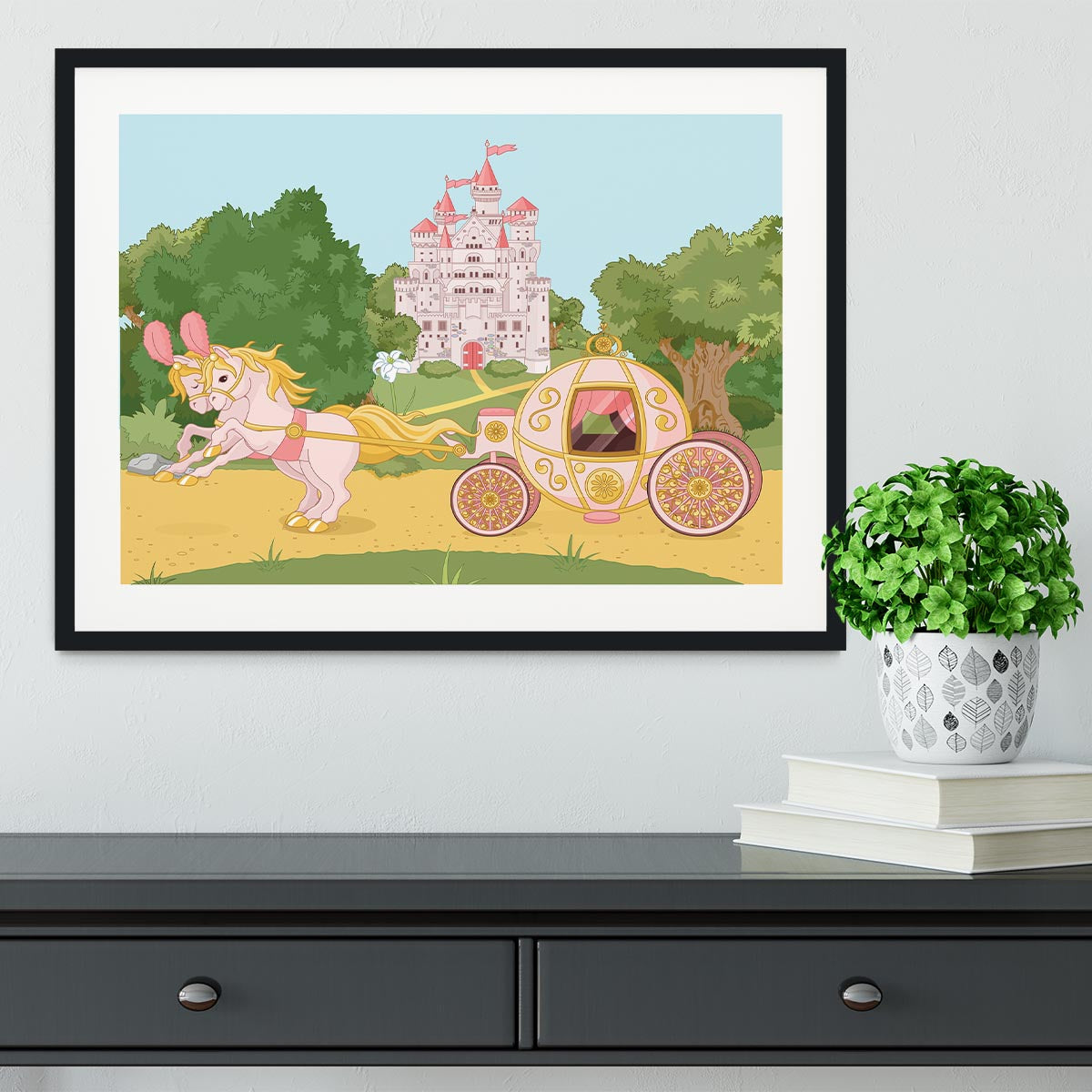 Beautiful fairytale pink carriage and castle Framed Print - Canvas Art Rocks - 1
