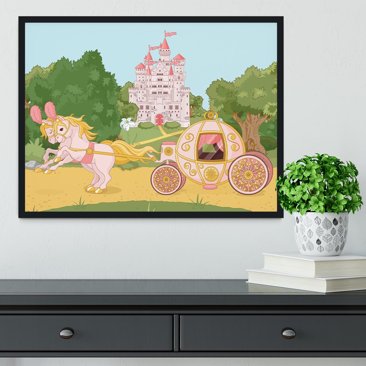 Beautiful fairytale pink carriage and castle Framed Print - Canvas Art Rocks - 2