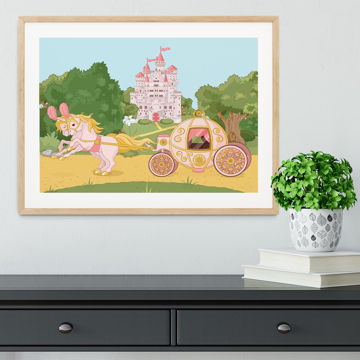 Beautiful fairytale pink carriage and castle Framed Print - Canvas Art Rocks - 3