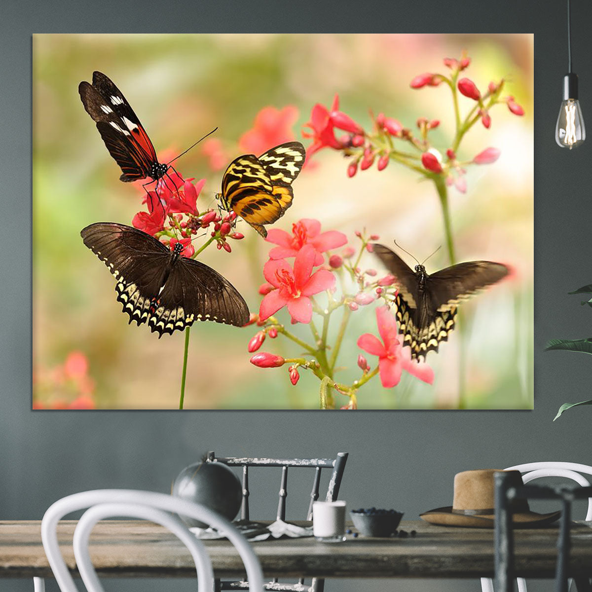 Beautiful tropical butterflies on a red flowers Canvas Print or Poster - Canvas Art Rocks - 3