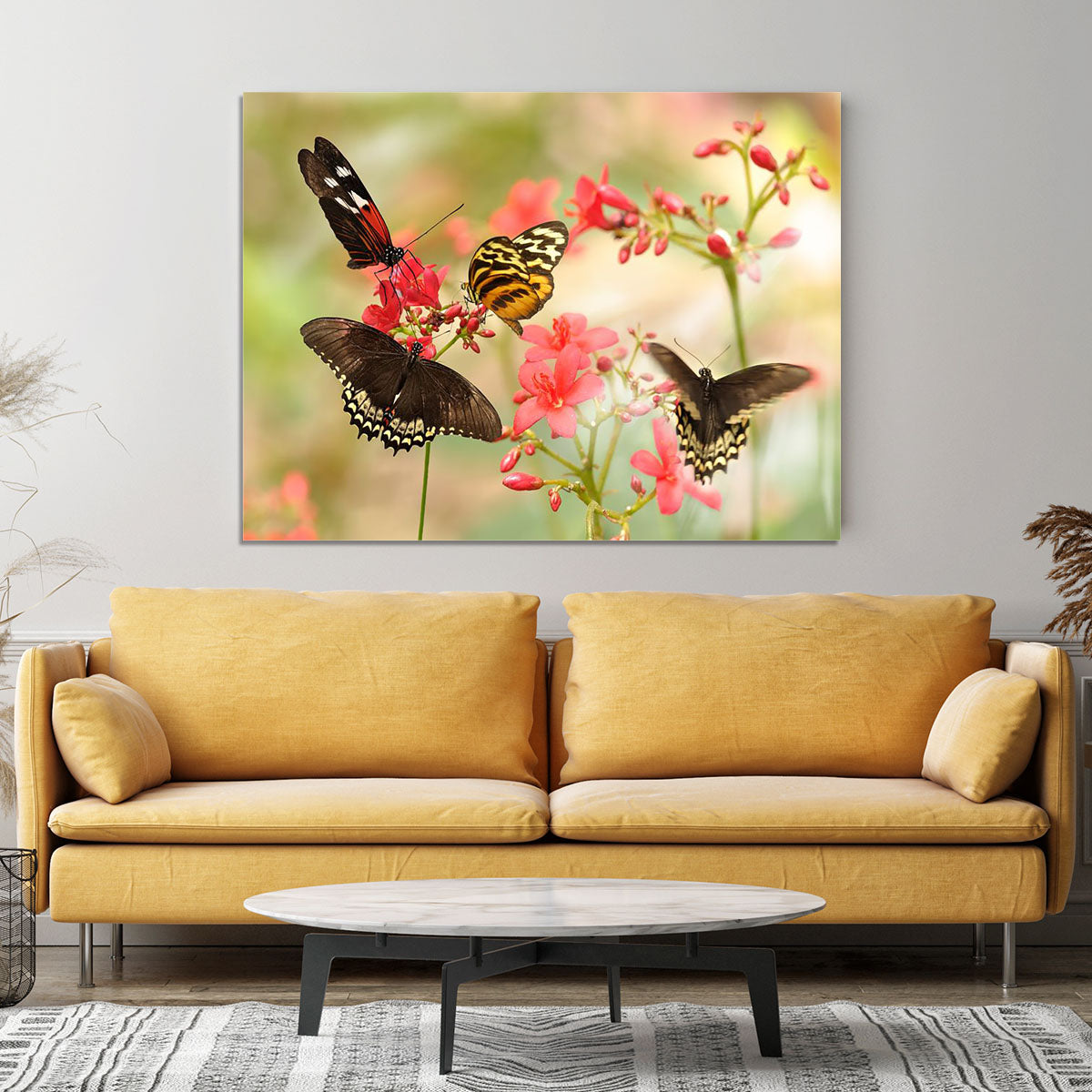 Beautiful tropical butterflies on a red flowers Canvas Print or Poster - Canvas Art Rocks - 4
