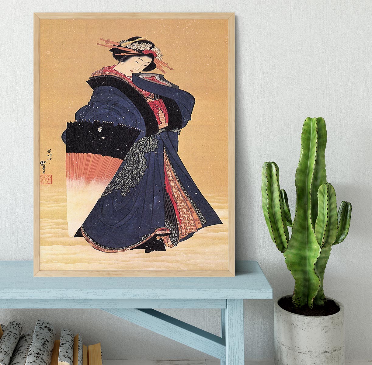Beauty with umbrella in the snow by Hokusai Framed Print - Canvas Art Rocks - 4