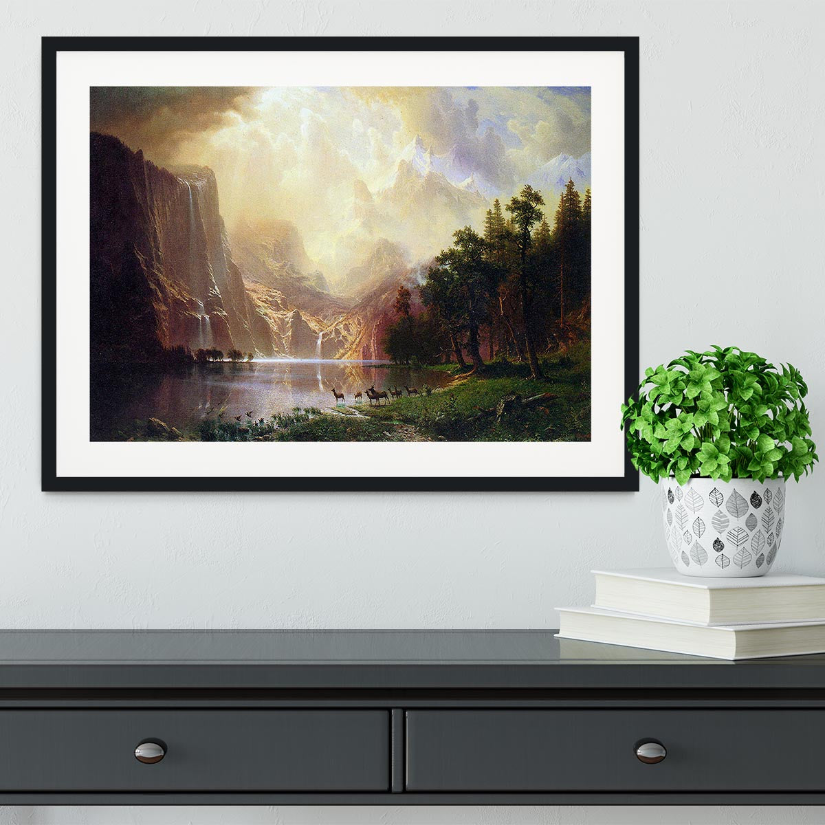 Between the Sierra Nevada Mountains by Bierstadt Framed Print - Canvas Art Rocks - 1