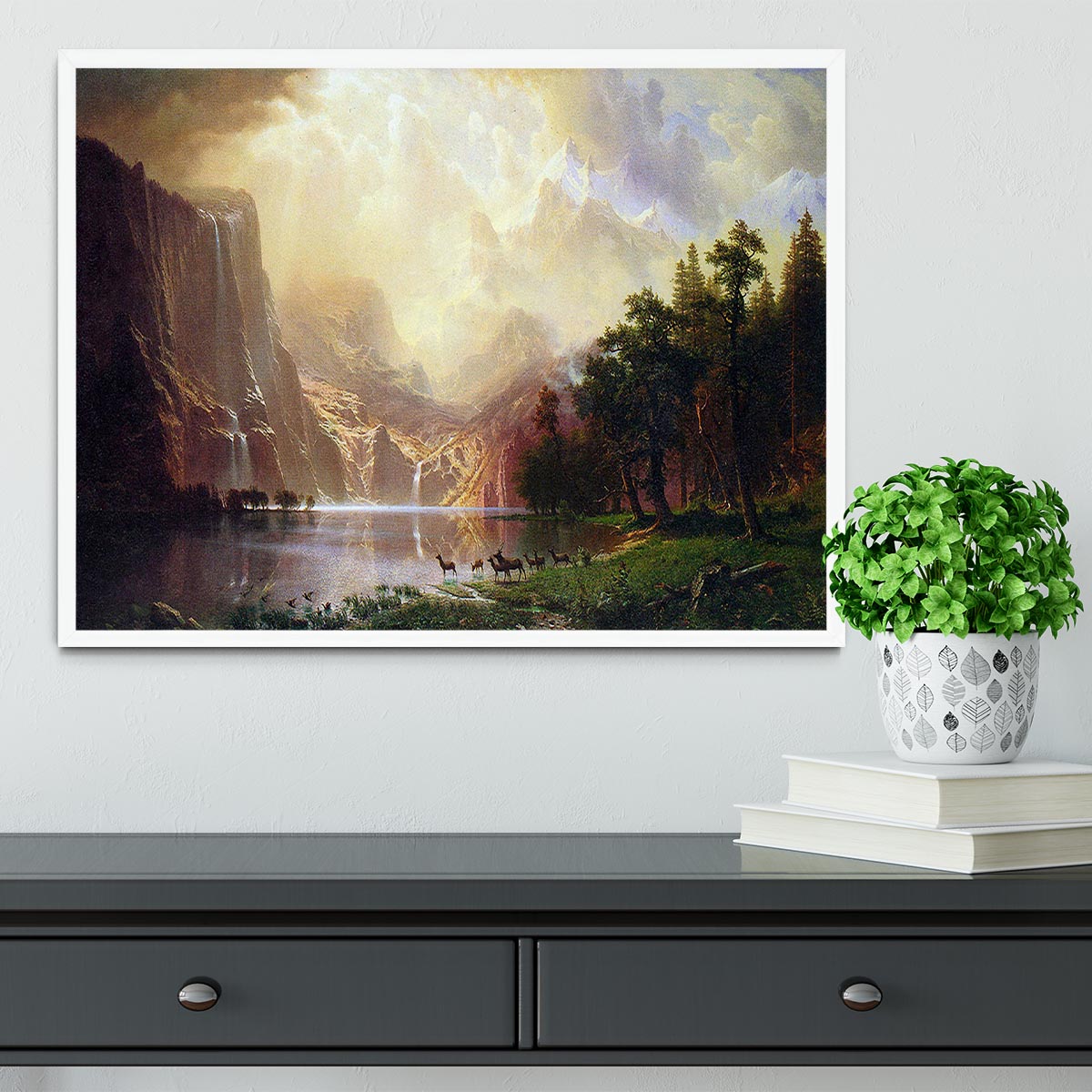 Between the Sierra Nevada Mountains by Bierstadt Framed Print - Canvas Art Rocks -6