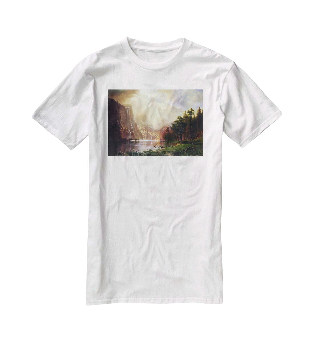 Between the Sierra Nevada Mountains by Bierstadt T-Shirt - Canvas Art Rocks - 5