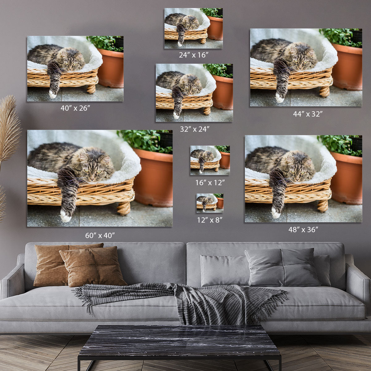 Big fluffy cat lying in wicker chaise sofa couch on balcony or garden terrace with flowers pot Canvas Print or Poster - Canvas Art Rocks - 7